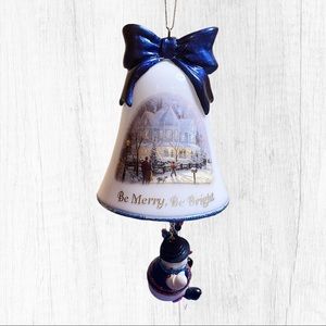 Thomas Kinkade bell ornament Be merry Be bright with snowman 1998